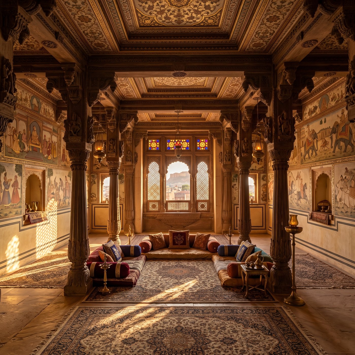 Restored Rajasthani haveli interior with traditional frescoes and jharokhas